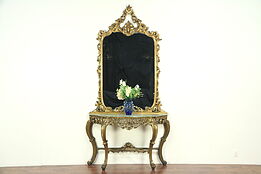Bronze & Gold Antique Carved Hall Mirror, Marble Top Console Set, Italy  #29013