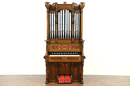 Victorian Eastlake Antique Carved Oak Pump or Reed Organ, Pipes