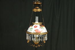 Victorian Antique Hanging Oil Lamp, Hand Painted Floral Glass Shade