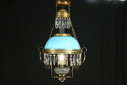 Victorian Antique Hanging Lamp or Chandelier, Blue Art Glass Shade, Electrified
