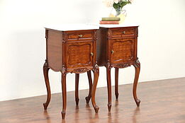 Pair French Antique Carved Mahogany Nightstands, Marble Tops #29591