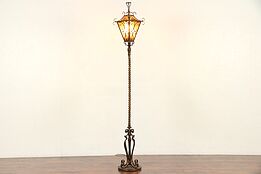 Stained Glass & Bronze Hand Painted Antique Floor Lamp or Lantern #29673