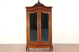 French Hand Carved Walnut Antique Armoire, Beveled Mirror Doors #29409