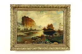 Riverbank with Cliffs in Fall, Original Antique 1890 Oil Painting #31946