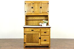 Hoosier Oak Antique 1915 Kitchen Pantry Cupboard, Pull Out Enamel Top
