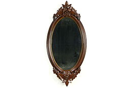 Victorian 1860 Antique Walnut Mirror, Original Glass, Hand Carved Fruit & Nuts