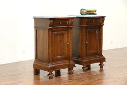 Pair of Italian Antique Marble Top Carved Walnut Nightstands #30239