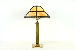 Craftsman Period Antique Brass Table Lamp, Stained Glass Shade #30876