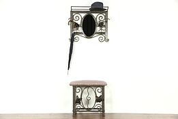 Italian Art Deco Wrought Iron Hall Stand, Mirro, Bench, Hat & Coat Rack