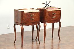 Pair of Antique End Tables or Nightstands, Banding, Marble Tops, Italy #29019