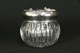 Victorian Antique Cut Glass Boudoir Jar, Sterling Silver Lid with Poppies #30226