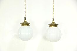 Pair 1910 Antique Brass Store Light Fixtures, Embossed Milk Glass Globes