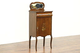 Oak 1900 Antique Music Cabinet, Beveled Mirror, Instrument Motif