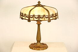Lamp with Curved Stained Glass Panel Shade, 1915 Signed Antique