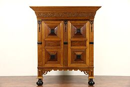 Dutch Hand Carved 1920's Kas Dowry Cabinet Armoire, Oak, Rosewood & Ebony