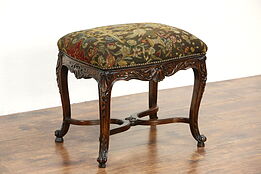 French Hand Carved Antique Bench or Footstool, Needlepoint & Pettipoint Birds