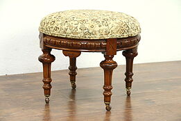 Victorian Antique 1875 Round Footstool, Carved Walnut, New Upholstery