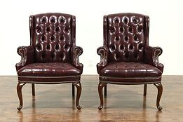 Traditional Pair of Tufted Faux Leather Vintage Wing Chairs, signed Kentco