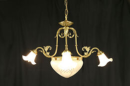 Brass Vintage Chandelier with 5 Etched or Cut Glass Shades #31165
