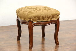 French Carved Walnut Antique 1890's Footstool, New Upholstery