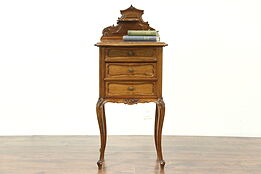 French Antique Carved Walnut Nightstand or Pedestal, Rouge Marble Top