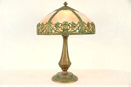 Stained Glass Curved Panel Filigree Round Shade Lamp, 1915 Antique #29558