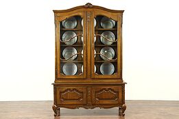 Country French 1930's Vintage Carved Oak China Cabinet, Raised Panels #28810