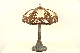 Hand Painted Antique Lamp, Stained Glass Shade Birds & Bridges #29850