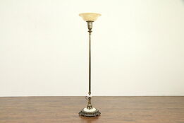 Torchiere Vintage Floor Lamp, Onyx Mounts, Embossed Glass Shade #32129