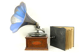 Standard Model A Antique Oak  Phonograph, Morning Glory Horn, Records #32142