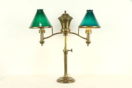 Victorian Brass Emerald Glass Shade Double Student Desk Lamp Pat.1873  #32252