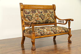 Victorian Antique 1900 Loveseat or Hall Bench, Carved Lion Paw Feet #32270
