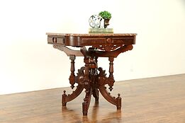 Victorian Eastlake Antique Walnut Hall, Parlor or Lamp Table, Marble Top #32381