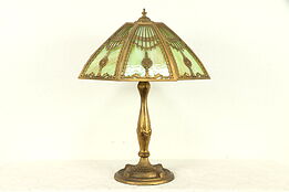 Stained Glass Antique 1915 Lamp, 8 Curved Panel Filigree Shade #32534