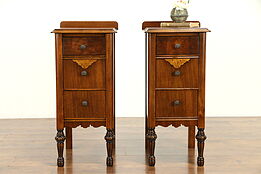 Pair Antique Nightstands, Walnut & Curly Birdseye Maple #32559