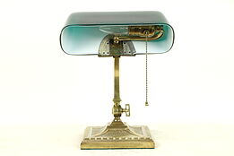 Verdelite Emerald 1917 Pat Antique Brass Banker Desk or Piano Lamp, Chips #32585