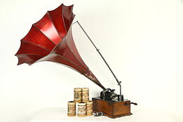 Edison Antique Oak Phonograph Cylinder Record Player, Morning Glory Horn #32793