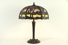 Curved Stained Glass 20" Shade Antique 1915 Panel Lamp, Dutch Scene #32848