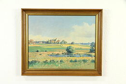 Village Church & Fields, Vintage Original Oil Painting, Signed Lutzen #32855