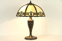 Stained Glass 8 Panel Shade Antique Lamp, Dark Bronze Torch & Swag Motif #32900