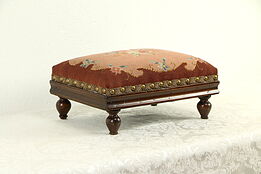 Victorian Antique 1850 Maple Footstool, Needlepoint Upholstery #32917