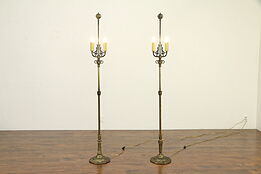 Pair of Brass Antique 2 Candle Floor Lamps, Viking Ship Finials  #32994