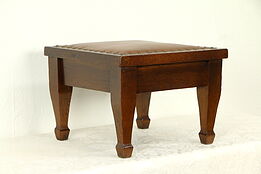 Craftsman Oak Antique Footstool, New Leather Upholstery, Brass Nailheads #33008