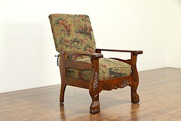Oak Antique 1900 Morris Recliner Chair, Lion Paw Feet, Recent Upholstery #33064