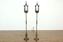 Pair of Antique Wrought Iron Hand Painted Floor Lamp Torchiere Lanterns #33130