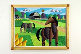 Horse Farm Original Acrylic Painting, Custom Exotic Frame, Bruce Bodden #33132
