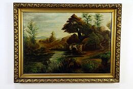 Victorian Antique River & Bridge Scene Large Oil Painting, Lazar 44"  #33137