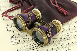 Opera Glasses Antique Purple Velvet & Brass, Leather Bag  #33170