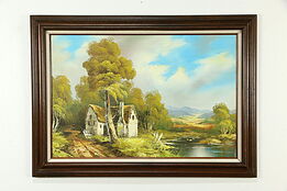 Farmhouse & Lake Vintage Original Oil Painting, Richards, Pine Frame #33289