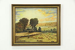 Harvest Along a River, Vintage Original Swedish Oil Painting 28" #33386